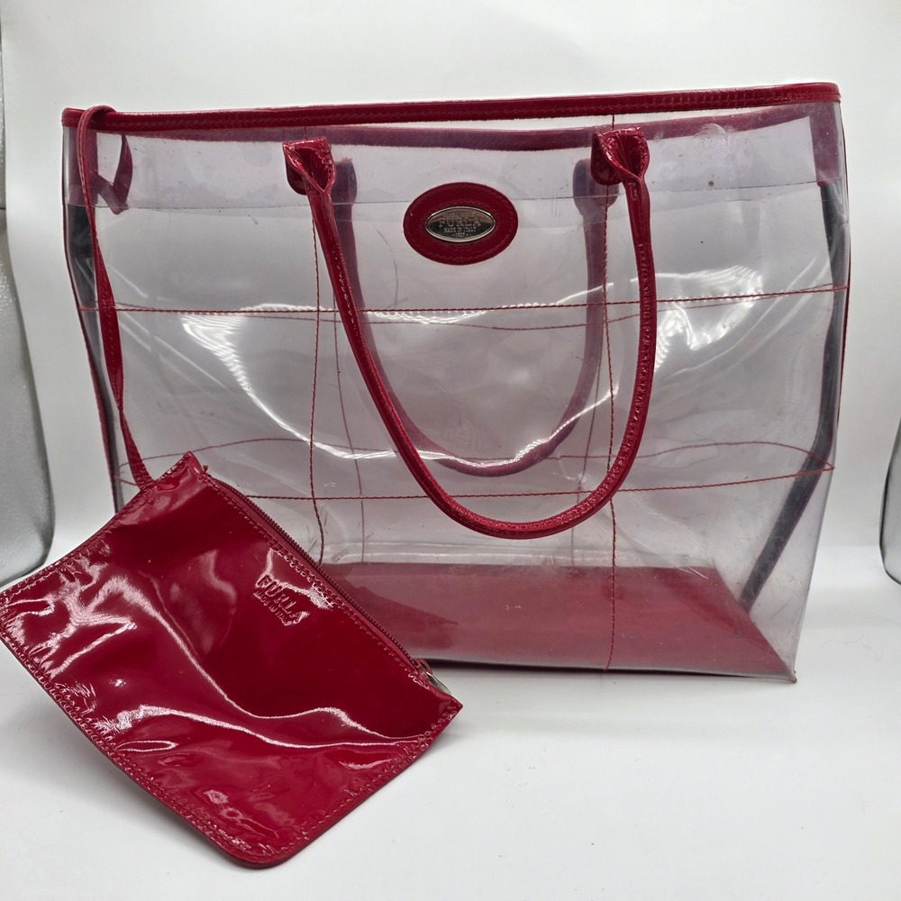 Furla Clear PVC Tote Bag Red Patent Trim Matching Zipper Pouch Made in Italy